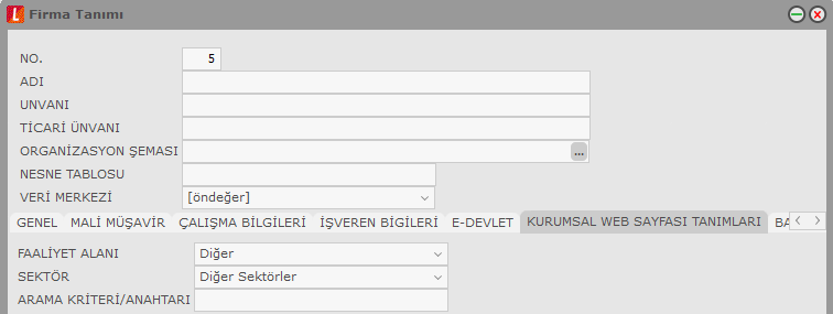 Kurumsal WEB Sayfası Tanımları Web sayfası tasarımları için gerekli öndeğer bilgiler, firma detayları penceresinde yer alan Kurumsal Web Sayfası Tanımları ile kaydedilir.