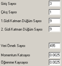 13 Sistemin ağ yapısı belirlendikten sonra eğitimde kullanılacak öğrenme katsayısı, momentum katsayılarının belirlenmesi ve veri örnek sayısının girilmesi ile ağ eğitilmeye başlar.