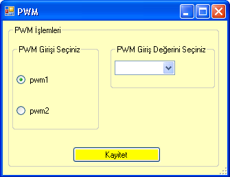 43 5.7. PWM çıkışlar: Programda 2tane darbe genişlik modülasyonu seçeneği bulunmaktadır. PWM görev süresini değiştirerek değişik PWM çıkışı elde edilmektedir.