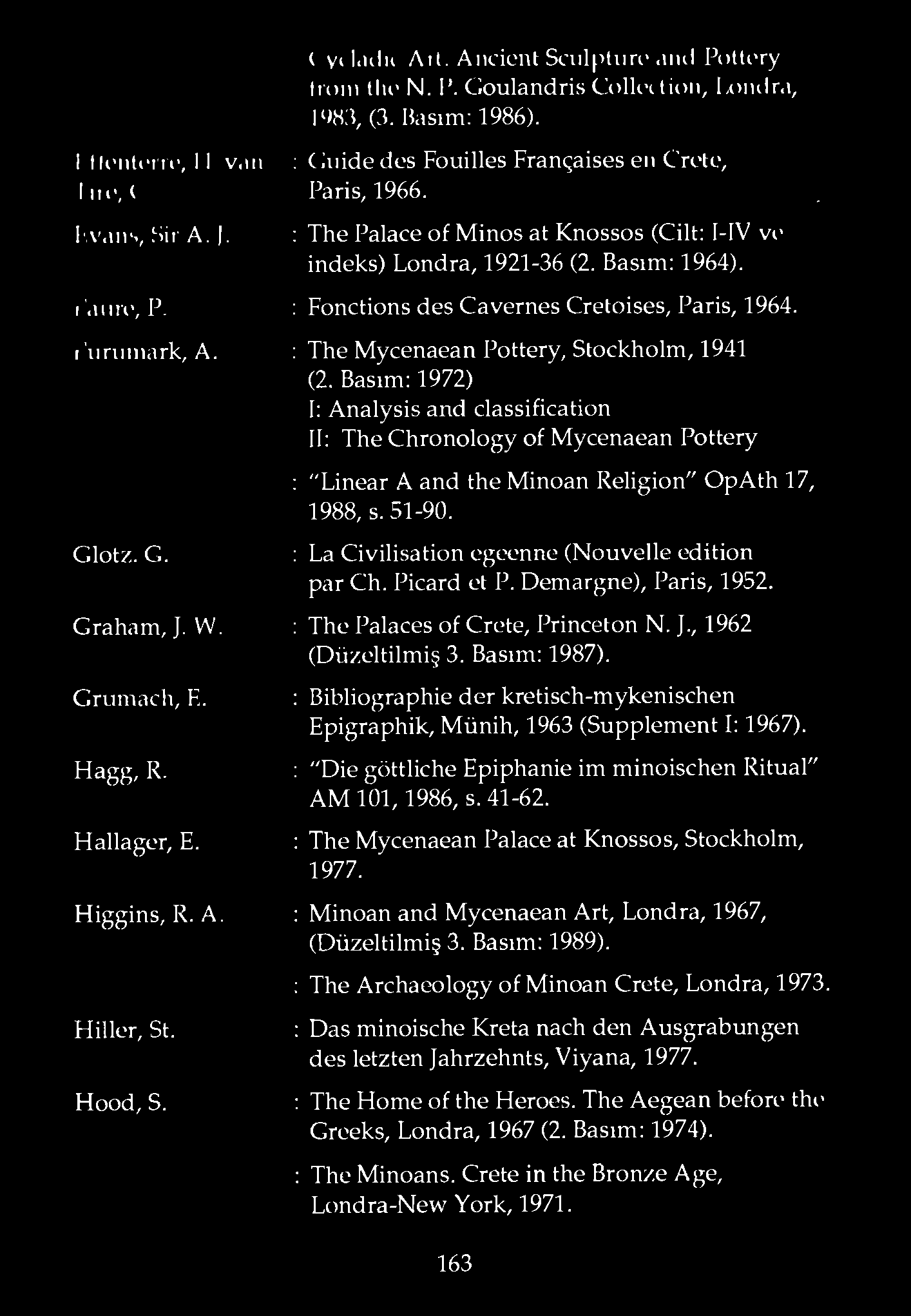 . : The Palace of Minos at Knossos (Cilt: I-IV ve indeks) Londra, 1921-36 (2. Basım: 1964). : Fonctions des Cavernes Cretoises, Paris, 1964. : The Mycenaean Pottery, Stockholm, 1941 (2.