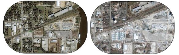 Şekil 2: 2005 Biloxi, Missisippi Katrina Fırtınası öncesi (soldaki) ve sonrasına ait uydu görüntüsü (sağdaki).