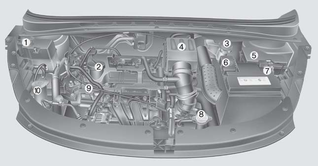 Bak m n Benzinli Motor (1.2L) 1. Motor so utma suyu genleflme tank 2. Motor ya dolum kapa 3. Fren/Debriyaj hidroli i deposu 4. Hava filtresi 5.