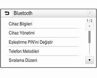 Bilgi ve Eğlence Sistemi 253 Bluetooth menüsü ; düğmesine basın, ardından AYARLAR öğesini seçin. Bluetooth menüsünü görüntülemek için Bluetooth seçeneğini seçin.