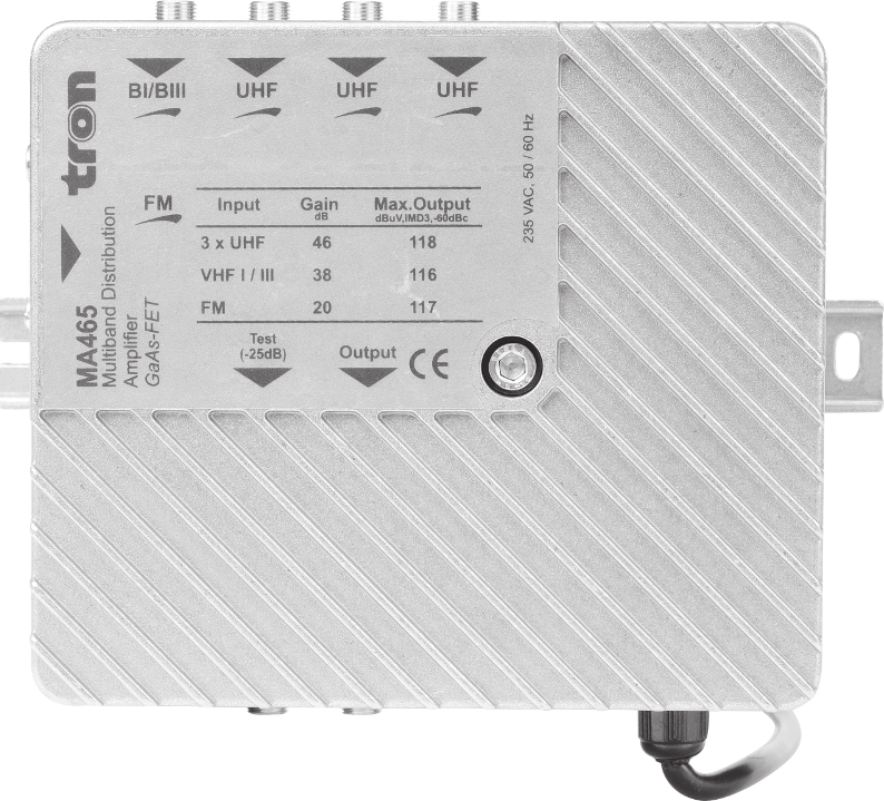 MA 465 5 Giriþli Genel ler 4 farklý çalýþma bandýndan (UHF, BIII, BI ve ) 5 adet anten giriþ seçeneði, Karasal Dijital (DVB-T) uyumlu, 46 db kazançlý 3 adet UHF giriþi, Her giriþ için baðýmsýz 20 db