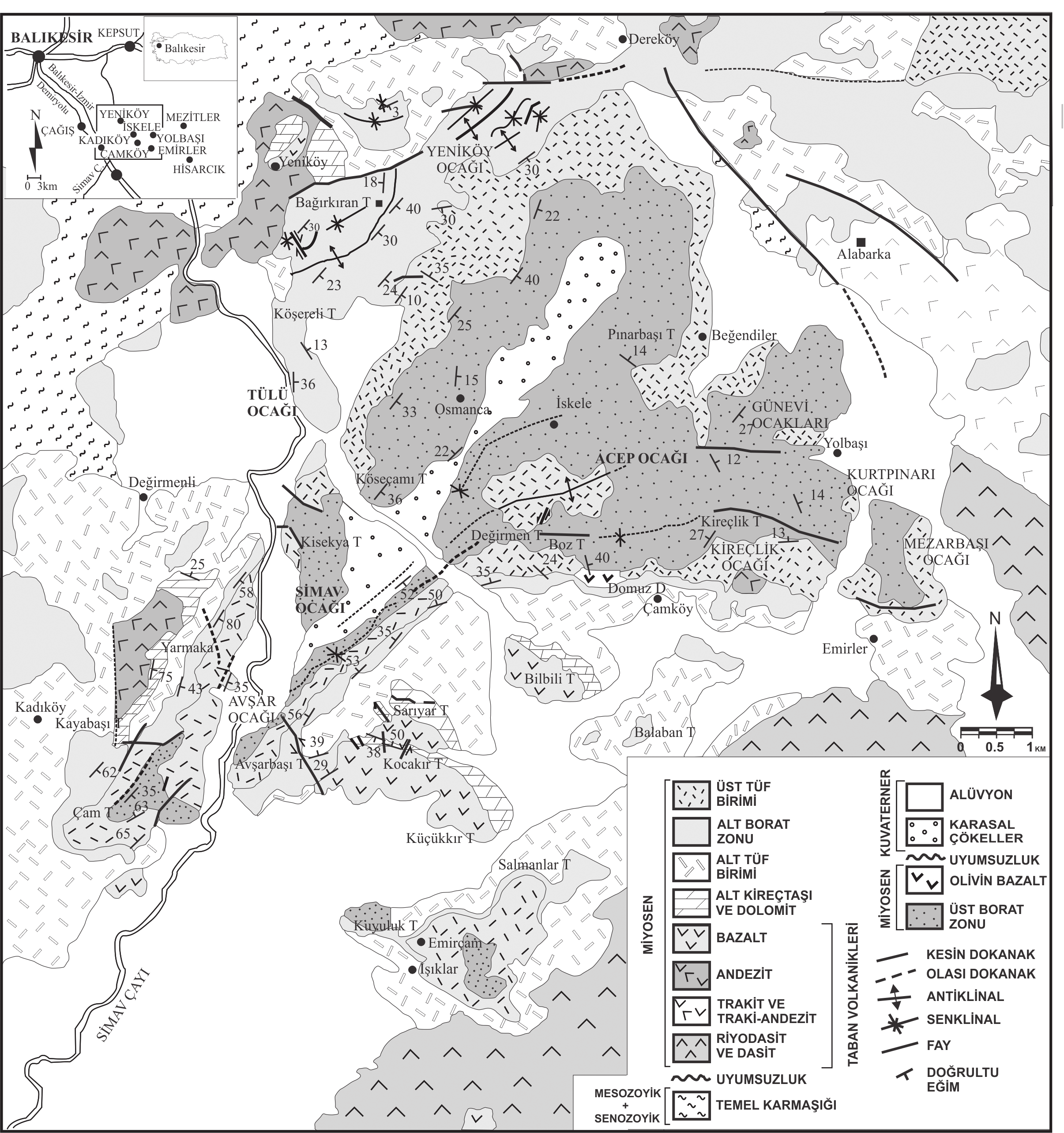 Yücel-Öztürk vd. 41 Şekil 2. Çalışma alanının jeoloji haritası (Helvacı, 1995) Figure 2.