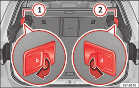 111 Arka koltuk arkalığında: serbest bırakma tırnağı 1 ; kırmızı işaret 2. Şek. 112 Bagaj bölmesinde: arka koltuk arkalığının sol parça 1 ve sağ parça 2 için uzaktan serbest bırakma kolu.