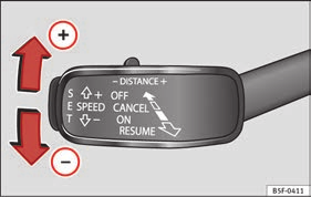 Uyarlanabilir Hız Sabitleme Kontrolü ACC'nin Çalıştırılması Şek. 152 Direksiyon kolonunun solunda: Uyarlanabilir Hız Kontrolünü kullanmak için üçüncü kol. Şek. 153 Direksiyon kolonunun solunda: Uyarlanabilir Hız Kontrolünü kullanmak için üçüncü kol.
