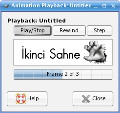 Animasyonunuzu önizleme yapmak istiyorsanız imajın üstüne sağ (veya menüsüne) tıklayın, "Filters / Animation / Playback"ı tıklayın.