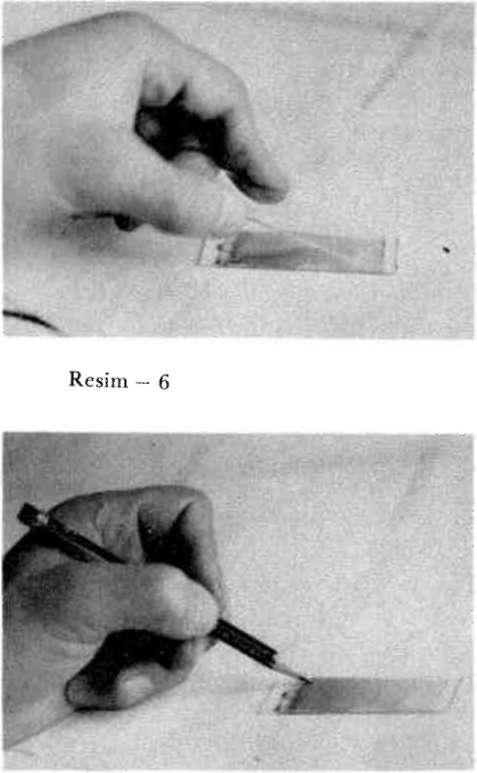 78 V.AKIN UYSAL kurşun kalemle, lamın bir ucundaki kamn üzerine okunaklı bir şekilde yazılır (Resim 7). Bu işlem için cam kalemi ya da etiket de kullanılabilir.