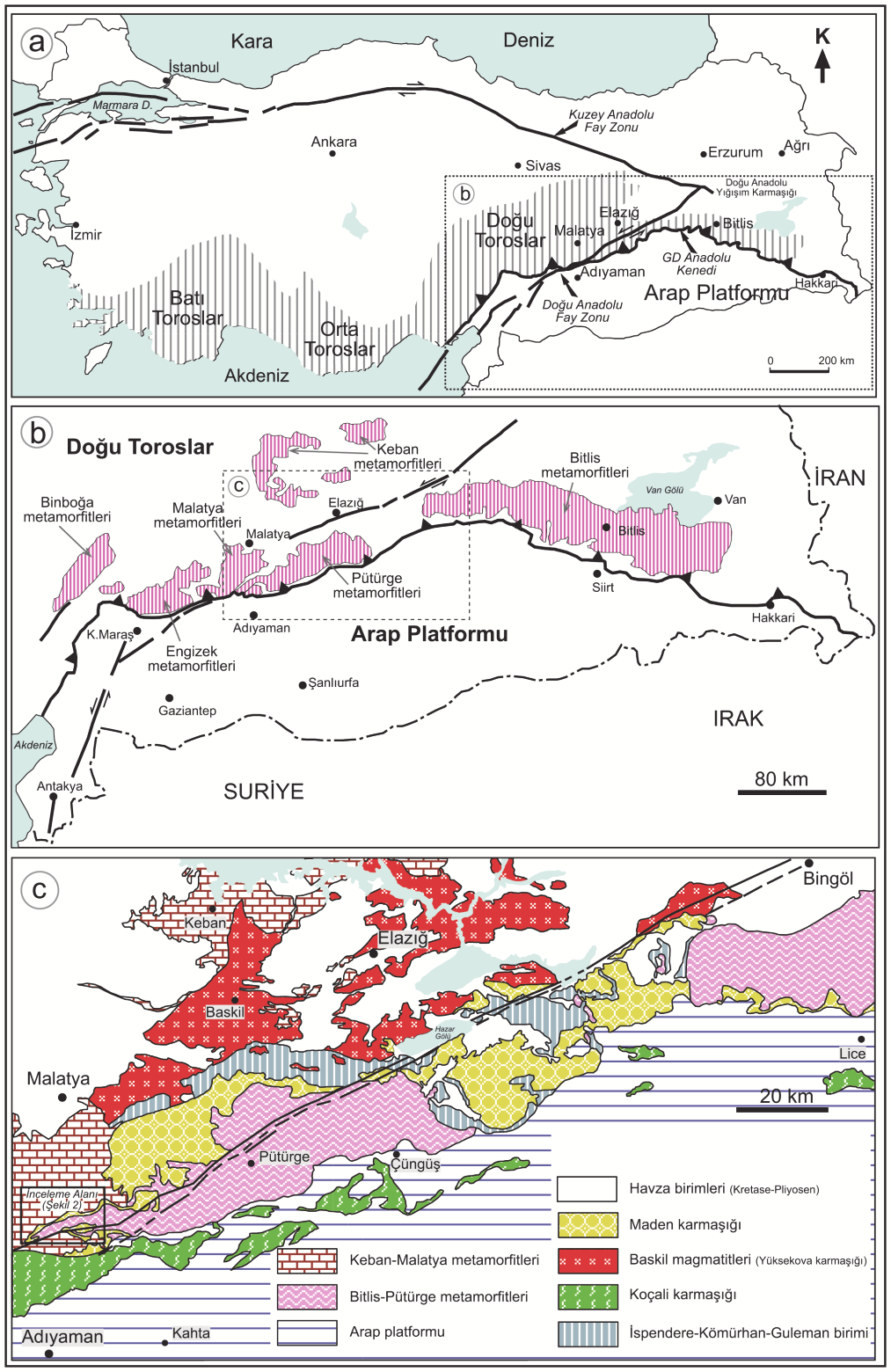 Özlem ŞAHİN, Veysel IŞIK Şekil 1. (a) Torosların konumu ve Türkiye de bazı ana tektonik yapılar. (b) Güneydoğu Anadolu kuşağı boyunca masiflerin genel konumu.
