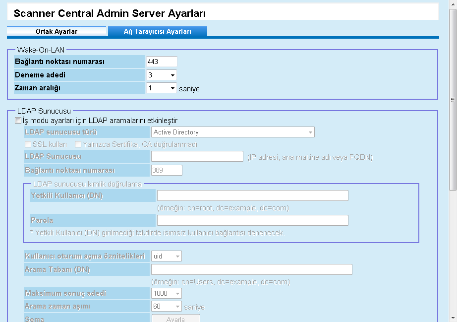 Bölüm 3 Ağ Tarayıcısı Ayarları Ağ Tarayıcısı LDAP ve SharePoint sunucuları ayarları gibi yalnızca ağ tarayıcılarına özel Admin Server ayarlarını yapılandırın ve seçilen kullanıcı dolaşım verisini