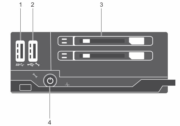 Rakam 3. Ön panel görünümü çift SSD sistemi 1 USB bağlantı noktası 2 USB yönetim bağlantı noktası veya idrac Direct bağlantı noktası 3 SSD 4 Kızak güç açık göstergesi, güç düğmesi Tablo 2.