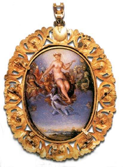 85 Resim 4.67. ALLORİ Alessandro, Madalyonunun arka yüzü, İtalya, 1584 Alessandro Allori nin Medici Ailesine hitaben yaptığı iki tarafında kullanılabilen altın pandantifi görmekteyiz.