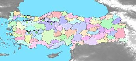 66 Şekil 4.4. İstasyonların Türkiye haritası üzerindeki yerleri Şekil 4.
