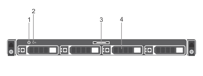4 x 3,5 inç sabit sürücülü kasanın ön panel özellikleri Rakam 2. 4 x 3,5 inç sabit sürücülü kasanın ön panel özellikleri 1. Güç düğmesi 2. Tanılama göstergesi 3. Bilgi etiketi 4.