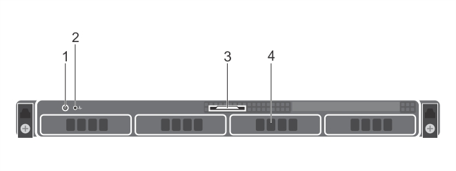 4 x 3,5 inç kablolu sabit sürücülü kasanın ön panel özellikleri Rakam 4. 4 x 3,5 inç kablolu sabit sürücülü kasanın ön panel özellikleri 1. Güç düğmesi 2. Tanı göstergeleri 3. Bilgi etiketi 4.