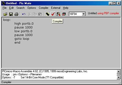 Bu kodu yazdıktan sonra dosyayı kaydedip compile etmemiz gerekiyor. C:\PicMatePro\Pbp232 klasörünün içinde bizim yeni oluşturduğumuz file ler.asm ve.