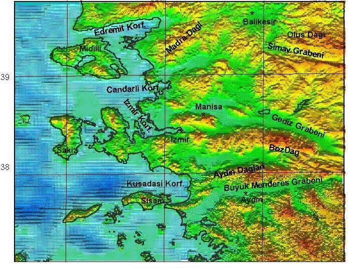 5 2.2 Ege Bölgesi nin topoğrafya haritası (IBB, 2006) Batı Anadolu ve Ege bölgesinde, Gökova grabeninden Edremit grabenine kadarki tüm yörede en yaygın yapı unsurları, K-G gerilme rejimi altında