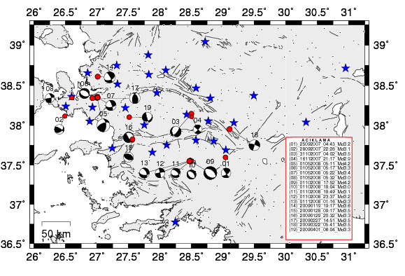 28 5.3 2007-2009 Yılı TURDEP-EAS Depremleri Odak mekanizması çözümü sonucu elde edilen 19 depreme ait sismotektonik harita Şekil 5.3.1 de verilmiş, ve bu çözümlerle ilgili detaylar ise aşağıda ayrıntılarıyla açıklanmıştır.