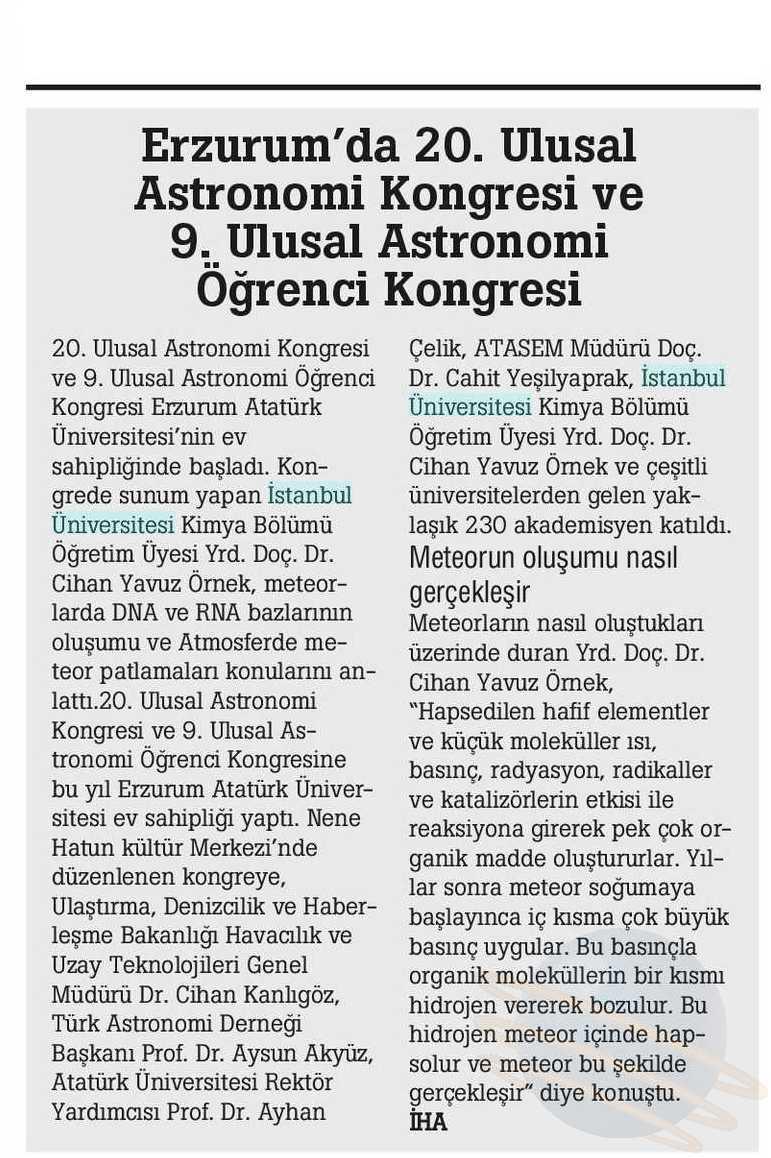ÜNIVERSITEDE ASTRONOMI KONGRESI Yayın Adı : Yenigün (Erzurum)