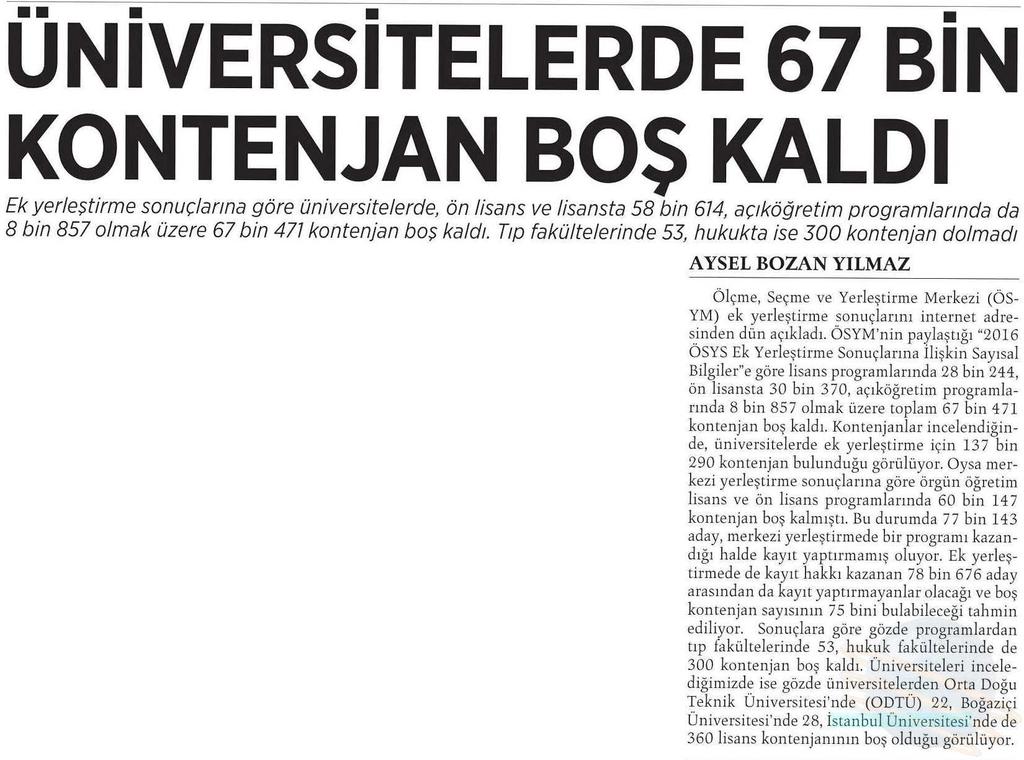 ÜNIVERSITELERDE 67 BIN KONTENJAN BOS KALDI Yayın Adı : Milliyet