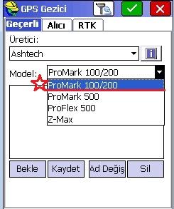 Şekil 1 Şekil 2 GPS Gezici sayfası açıldığında Geçerli sekmesinde Üretici olarak Ashtech Model olarak da Promark100/200 seçilir (Şekil 2).