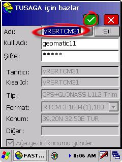 Port: 2101 (Standart) Kullanıcı Adı: TUSAGA Aktif operatöründen alınan kullanıcı adı. (Örn: geo2) Şifre: TUSAGA Aktif operatöründen alınan şifre.