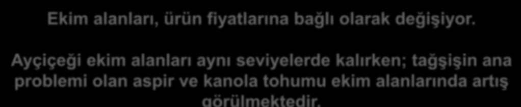 Ayçiçeği ekim alanları aynı seviyelerde kalırken; tağşişin ana problemi olan aspir ve kanola tohumu ekim alanlarında artış görülmektedir.