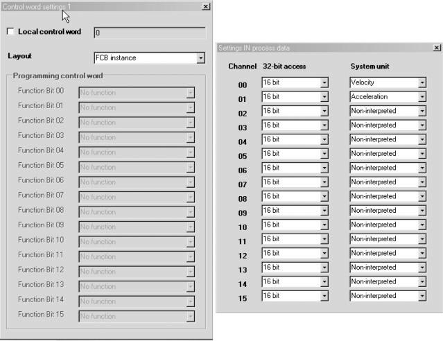 Devreye alma PDO editörü I 0 5 Kontrol kelimesi ve IN işlem verilerinde parametre ayarları Kontrol kelimelerinden birine tıklandığında (bu örnekte Control word 1), parametre ayarlama arayüzü açılır