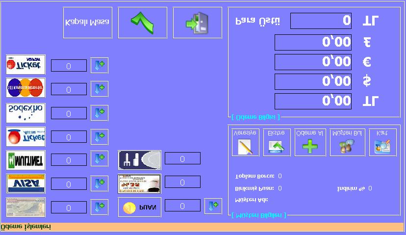 Ödeme Ekran Sol bölümdeki nakit, kredi kart ve yemek çekleri butonlar na basarak ödeme alabilirsiniz. Al nacak rakam n tamam n veya bir k sm n alabilirsiniz.