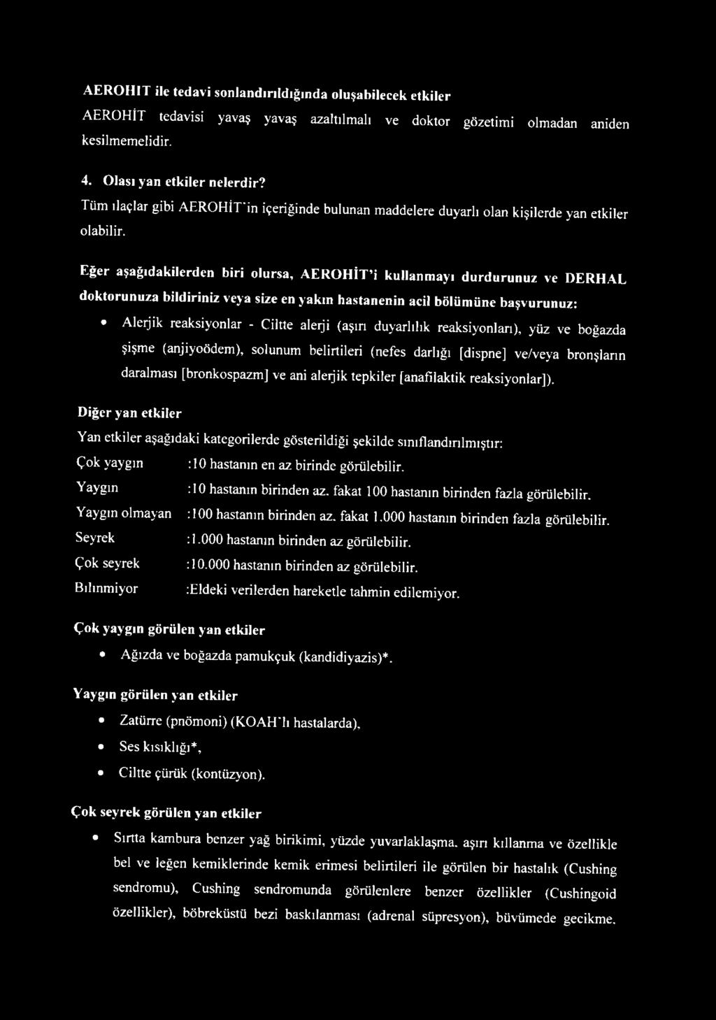 Eğer aşağıdakilerden biri olursa, AEROHİT i kullanmayı durdurunuz ve DERHAL doktorunuza bildiriniz veya size en yakın hastanenin acil bölümüne başvurunuz: Aleıjik reaksiyonlar - Ciltte aleıji (aşırı