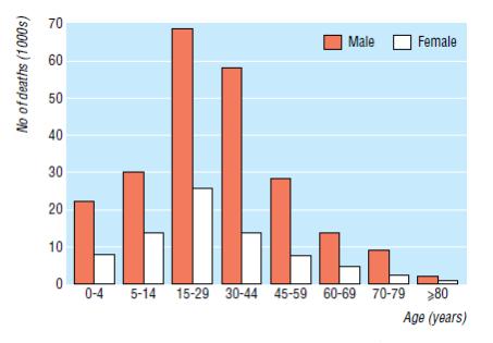 15 Şekil 1. 2000 yılında çatışmalara bağlı ölümlerin tahmini yaş ve cinsiyet dağılımı (28). Yaklaşık 90 ülkede 60 milyona yakın çocuk kara mayınlarının tehdidi altında yaşamaktadır.