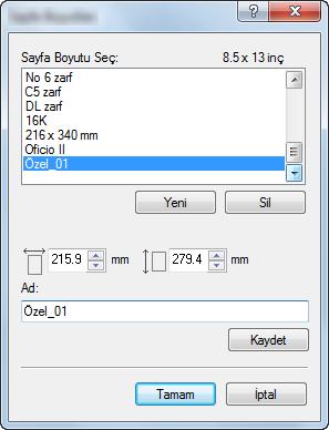 Yazdırma Sayfa boyutu kaydedilmesi Karton veya zarf Çok Amaçlı Tabla içine konulduğunda, kağıt boyutunu ve türünü ayarlayın ve ardından yazıcı sürücüsü yazdırma ayarları ekranın Temel sekmesinde