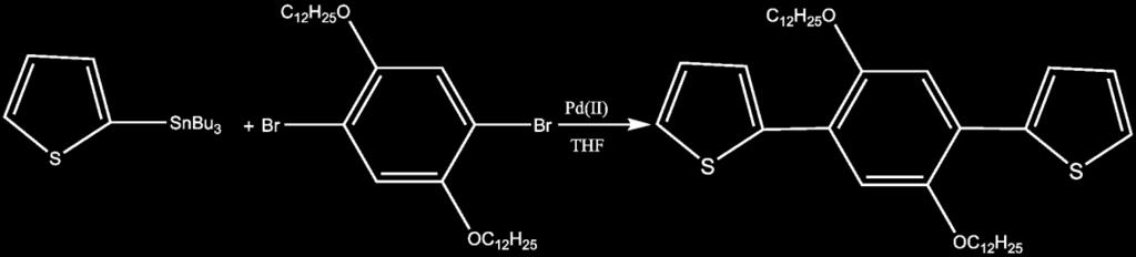 1.4. 2,2'-(2,5-Bis(dodesiloksi)-1,4-fenilen)ditiyofen (M 1 ) sentezi: Tribütil(tiyofen-2-il)stannan (1,728 g, 4,63 mmol) ve 1,4-dibromo-2,5- bis(dodesiloksi)benzen (700 mg, 1,158 mmol) susuz THF de
