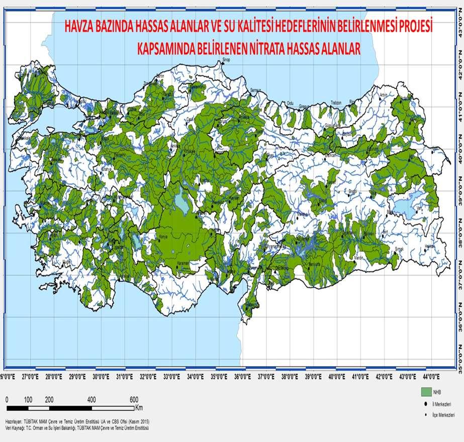 Proje kapsamında 2016 yılında Nitrata Hassas Bölgeler taslak olarak belirlenmiş olup, Bu değer toplam ülke yüzölçümünün % 40-45