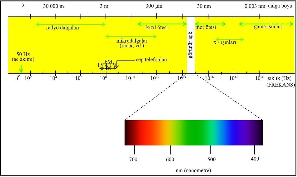 kendi içinde farklı renklerle adlandırılan bölgelere ayrılır. O halde, bir elektromanyetik dalganın (ışığın) frekansı, renk bilgisini taşımaktadır.