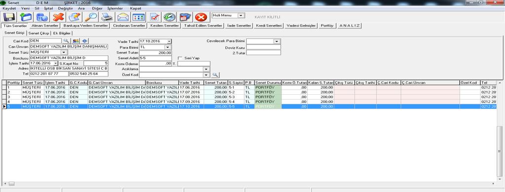 Muhasebe Programında Müşteri ve kendi senetlerinizin giriş,çıkış işlemlerini yapabilirsiniz. Senet modülünden yapmış olduğunuz işlemler otomatik cari hesabına işler.