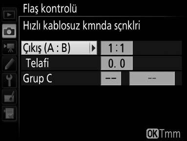 2. Uzaktan flaş ünitesi ayarı Uzaktan flaş ünitesi grubunu, kanalını ve zoom ana konumunu ayarlayın. Daha fazla ayrıntı için bkz. D-22. Flaş ünitelerinin durumunu kontrol edin ve daha sonra çekin.