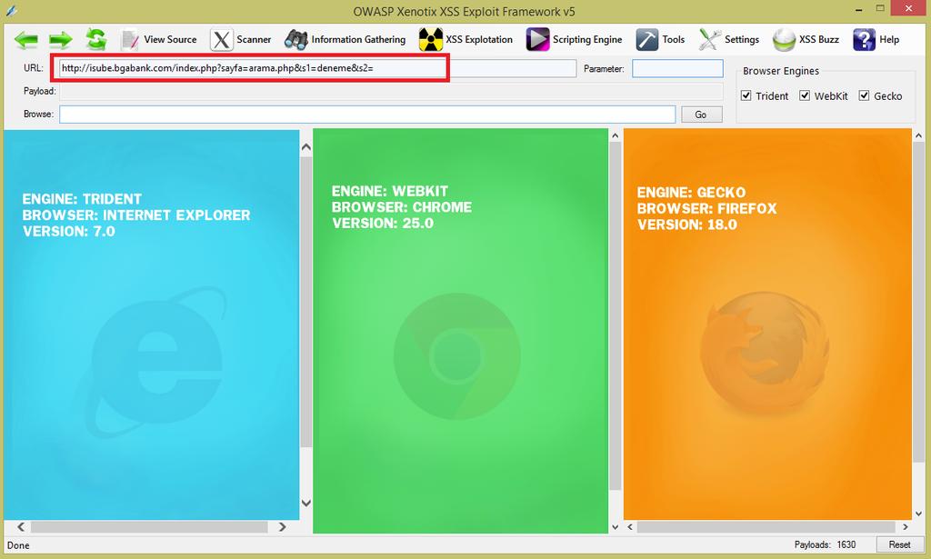 BGA BANK WEB GÜVENLIK TESTLERI UYGULAMA KITABı 133 49. OWASP Xenotix XSS Framework Kullanarak XSS Tespiti URL İstek Parametre Payload http://isube.bgabank.com/index.php?sayfa=arama.