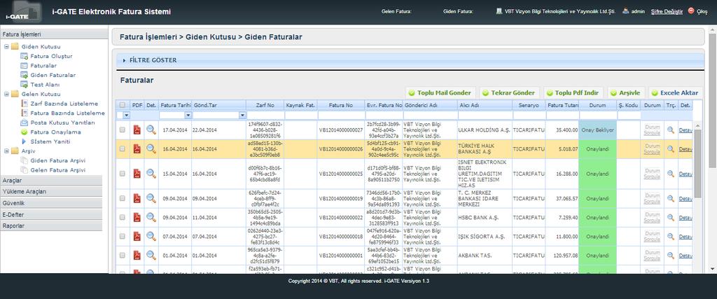 I-Gate Giden Faturalar Giden faturalar ekranında filtreleme yapularak istenilen faturalar listelenirç Faturaların durumları (A), Zarf bilgisi (B), Tarihçesi (C) görülür.