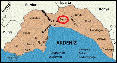 4.2.2. SERİK İLÇESİ Coğrafi durumu Serik ilçe merkezi, Antalya'nın 38 km doğusundadır. Akdeniz' de 22 km kıyı şeridine sahip olan ilçe, merkezi 8 km içeride, denizden 26 m yüksekliktedir.