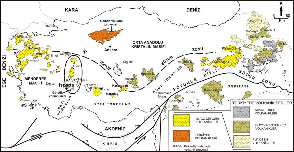 Şekil 2 Türkiye de neotektonik dönemde gelişmiş volkaniklerin dağılımı (Ergüzer BİNGÖL, 1989