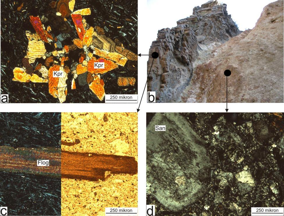 kalsit inklüzyonu, d) bazaltik trakiandezit içerisinde bulunan mafik mineral yığışımları.