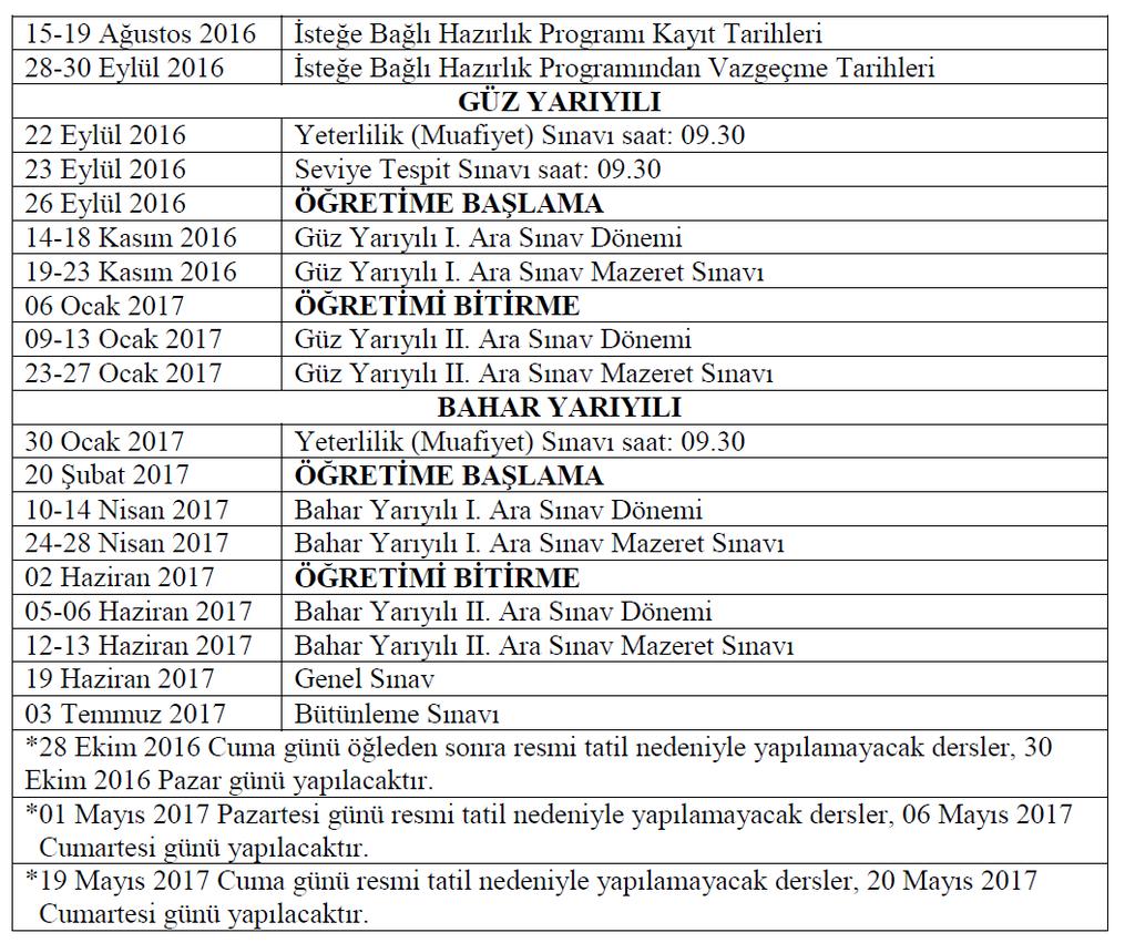 AKADEMİK TAKVİM HAZIRLIK