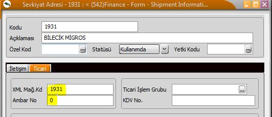 Siparişin hangi sevkiyat adresine ait olduğu, Sevkiyat adresi kartlarındaki uyarlama ile belirtilen XML Mağaza Kodu
