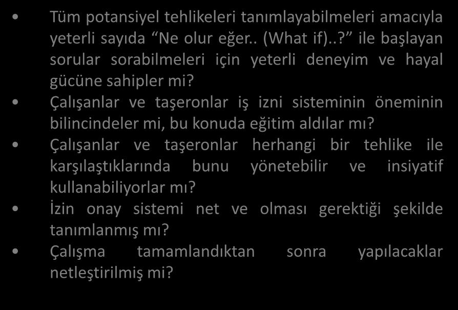 Tüm potansiyel tehlikeleri tanımlayabilmeleri amacıyla yeterli sayıda Ne olur eğer.. (What if)..? ile başlayan sorular sorabilmeleri için yeterli deneyim ve hayal gücüne sahipler mi?