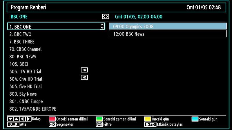 EPG menüsü, tüm kanallar hakkındaki mevcut bilgileri görüntüler. TV programı bilgilerinin otomatik olarak güncellendiğini unutmayınız.