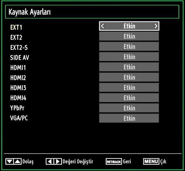 Kaynak Ayarlarını Yapılandırma Seçilen kaynak seçeneklerini etkinleştirebilir ya da devre dışı bırakabilirsiniz.